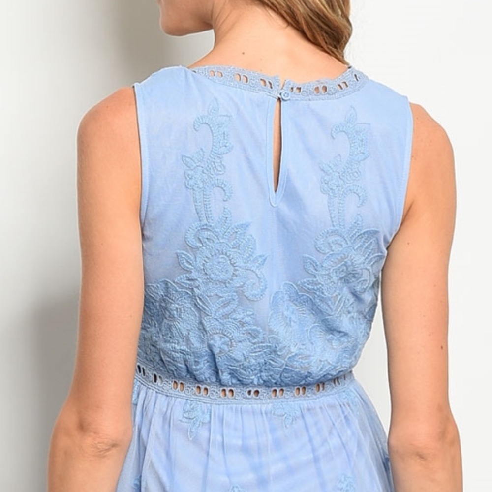 New Light Blue V Neck Side Slit Lace Maxi Dress - Picture 5 of 7